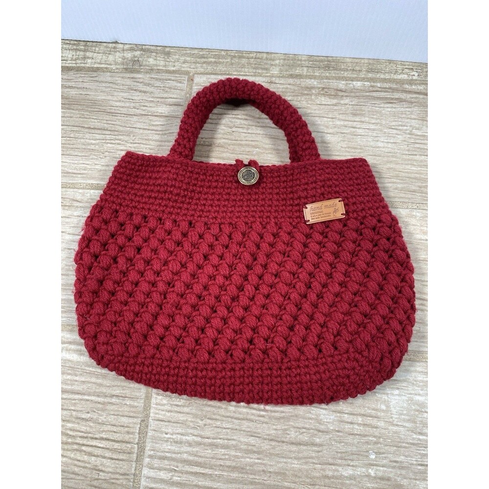 Handmade Red Crochet Knit Handbag Purse Button Closure Boho Style Textured Tote